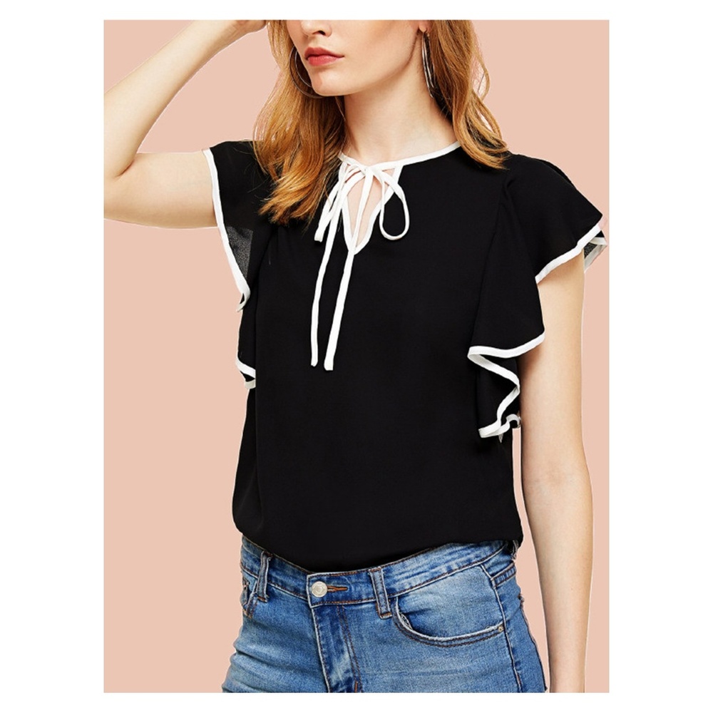 Black White Ruffle Trim Tie Neck Blouse - Picture 2 of 4